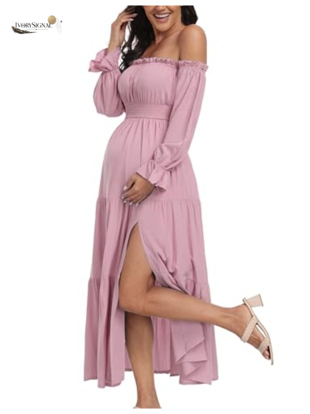 Boho Off Shoulder Maternity Maxi Dress Long Sleeve Side Split Tiered
